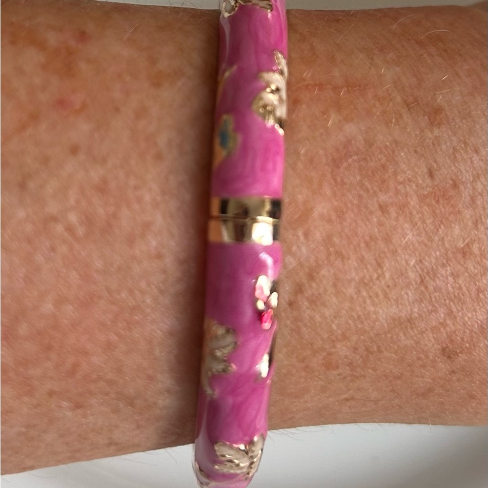 Jui Long Jing Pink Enamel and Gold Tone Metal Floral Bangle - Picture 3 of 7
